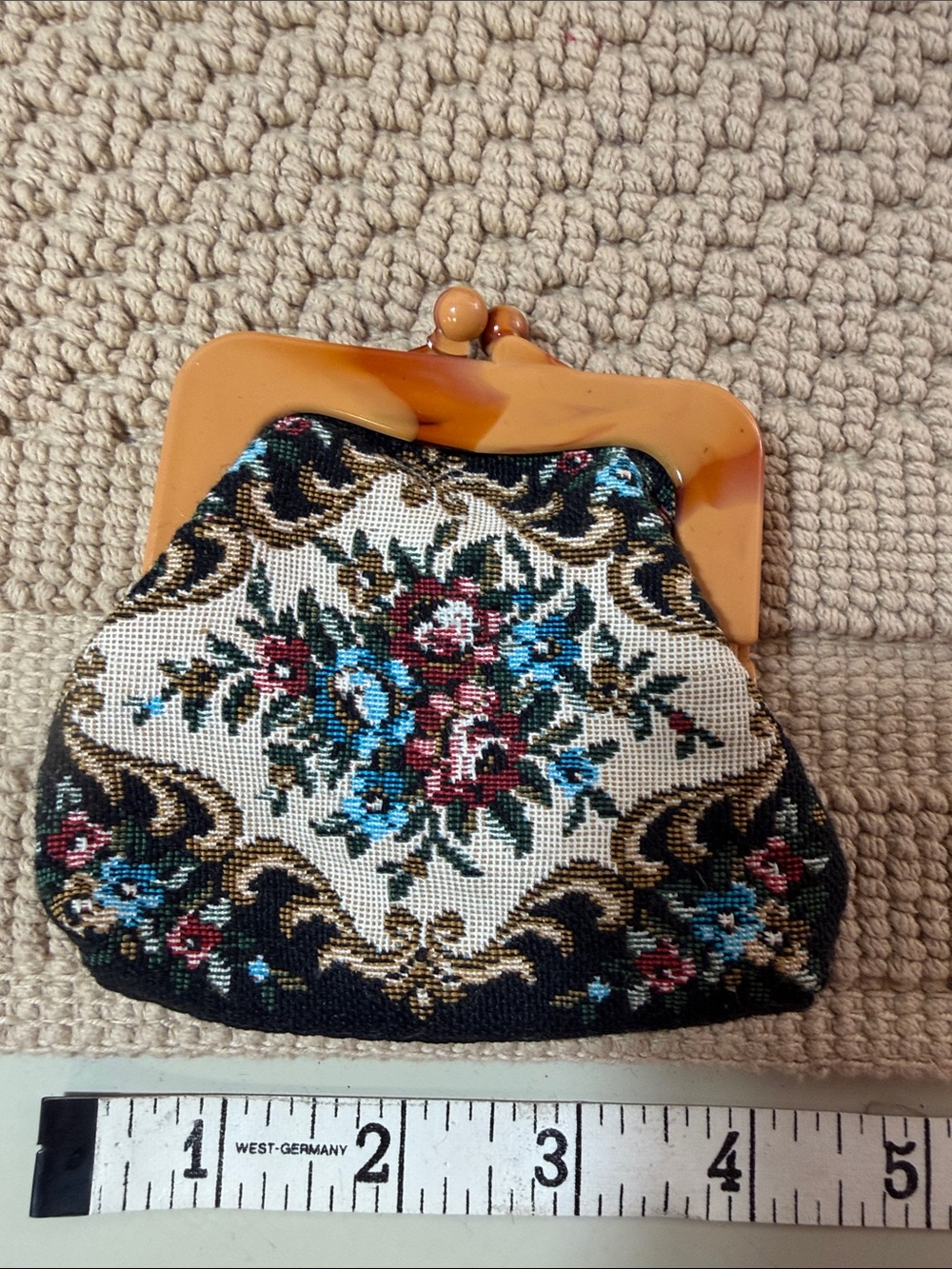 Vintage Floral Tapestry Coin Purse with Amber Frame